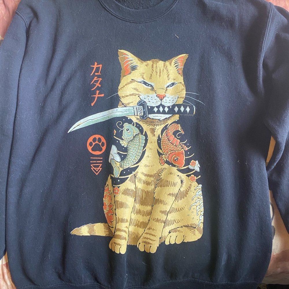 Black Cat Sweatshirt with Samurai Design